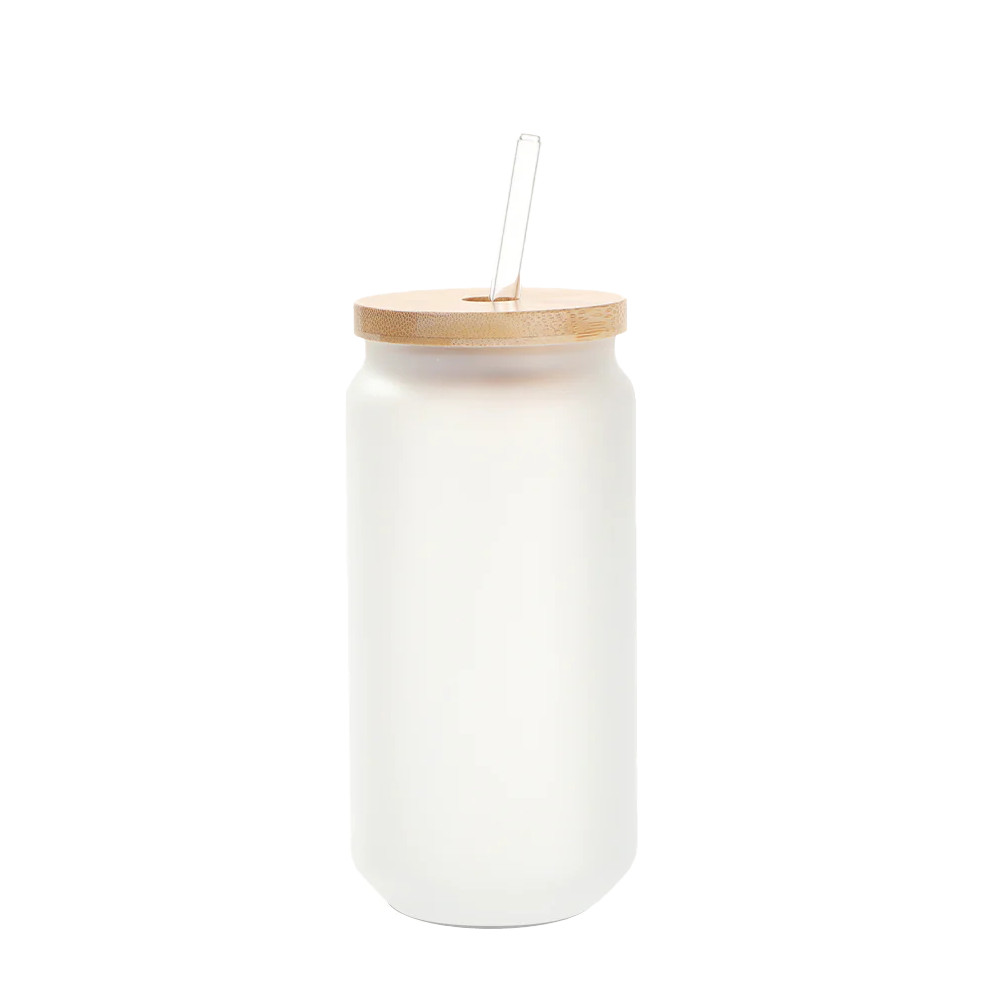 6 Pack 18 oz Frosted Glass Can-Shaped Mugs with Bamboo Lids and Clear Glass Straws for Sublimation Printing
