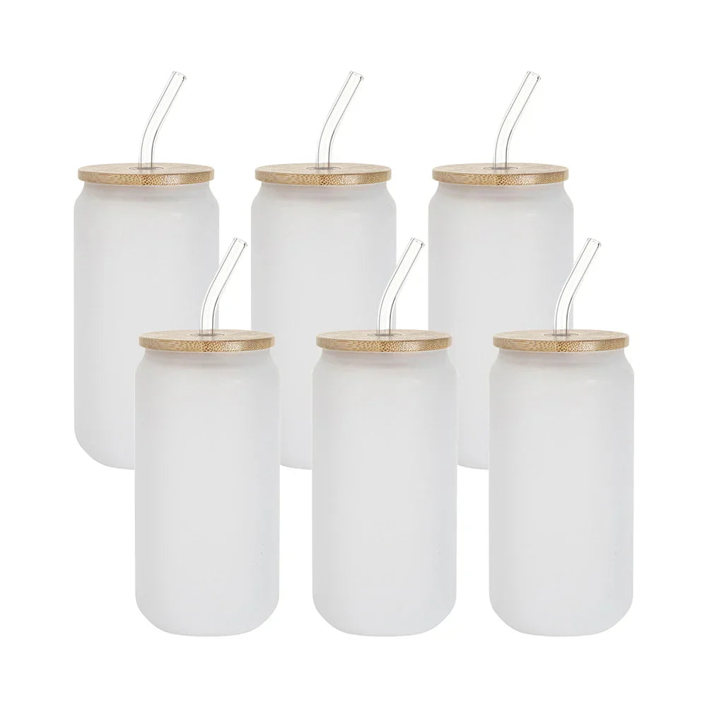6 Pack Sublimation Can-Shaped Frosted Glasses with Bamboo Lids and Straws