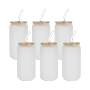 6 Pack Sublimation Can-Shaped Frosted Glasses with Bamboo Lids and Straws